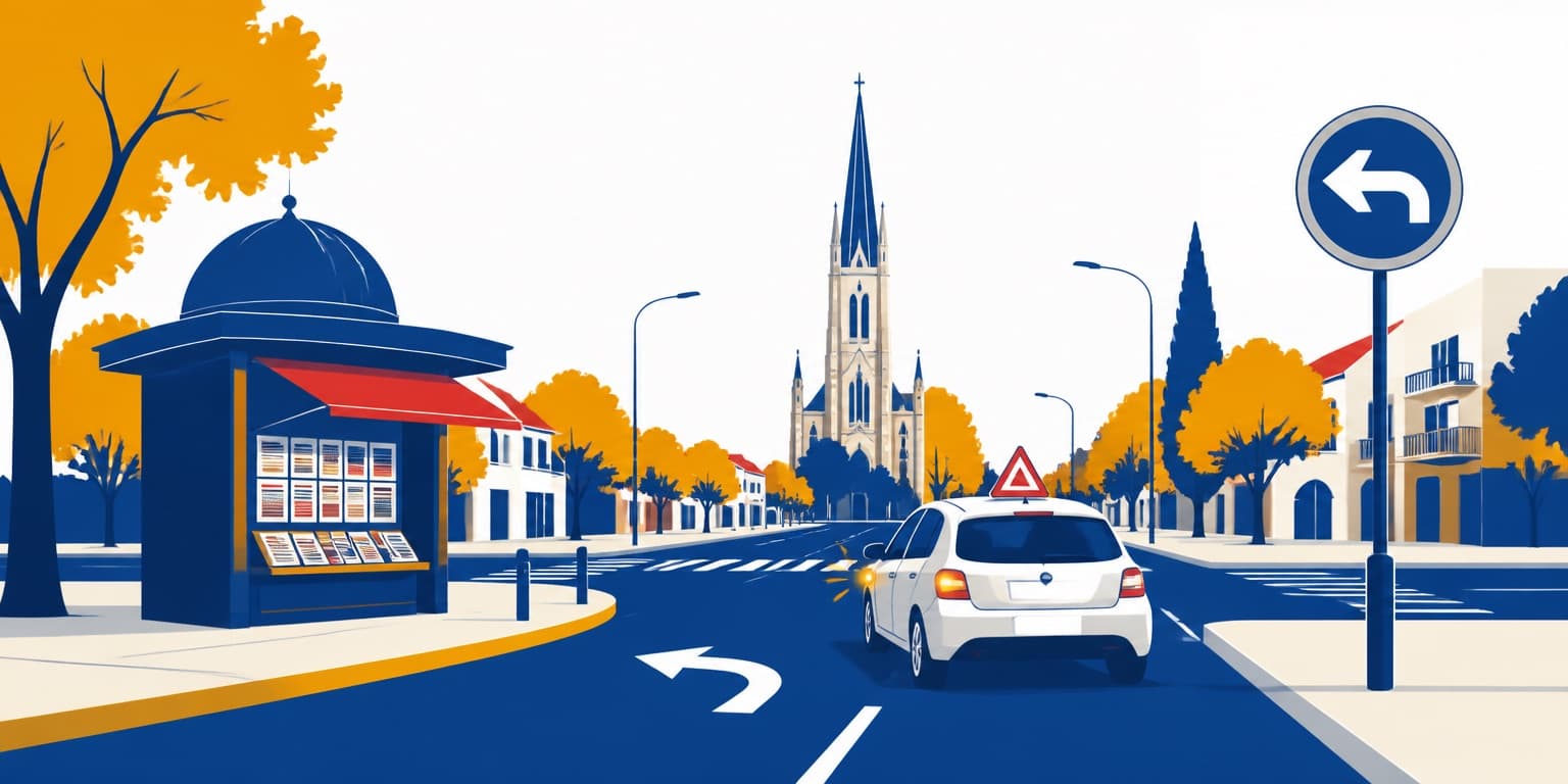 Ilustración de Adrogué (Almirante Brown) con un auto de autoescuela
