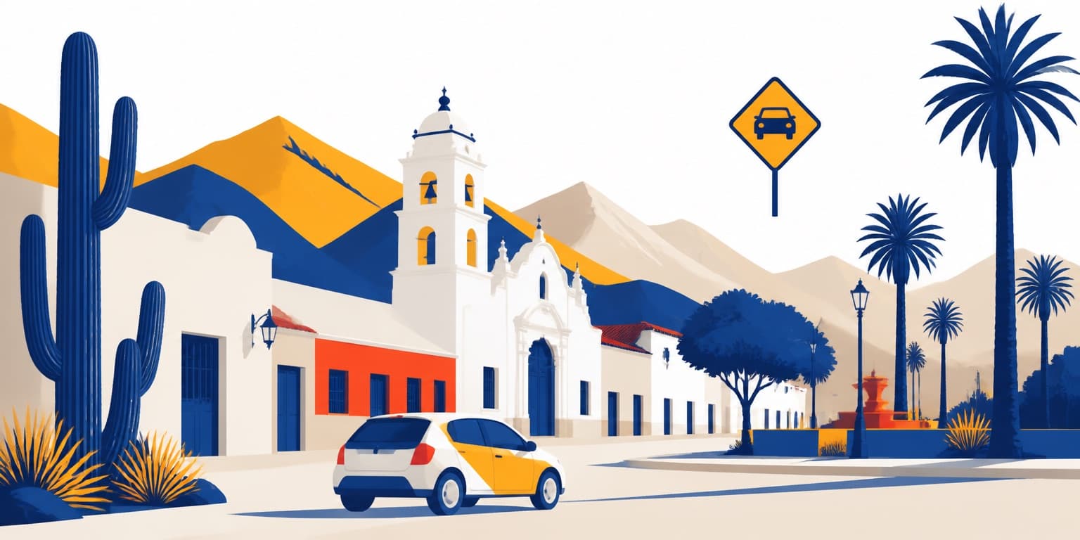 Ilustración de San Fernando del Valle de Catamarca con un auto de autoescuela
