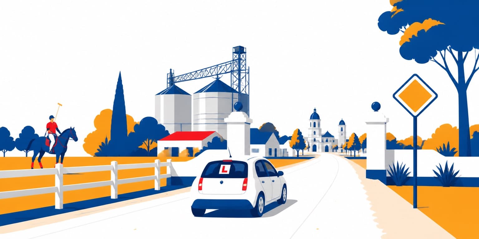 Ilustración de Chascomús con un auto de autoescuela