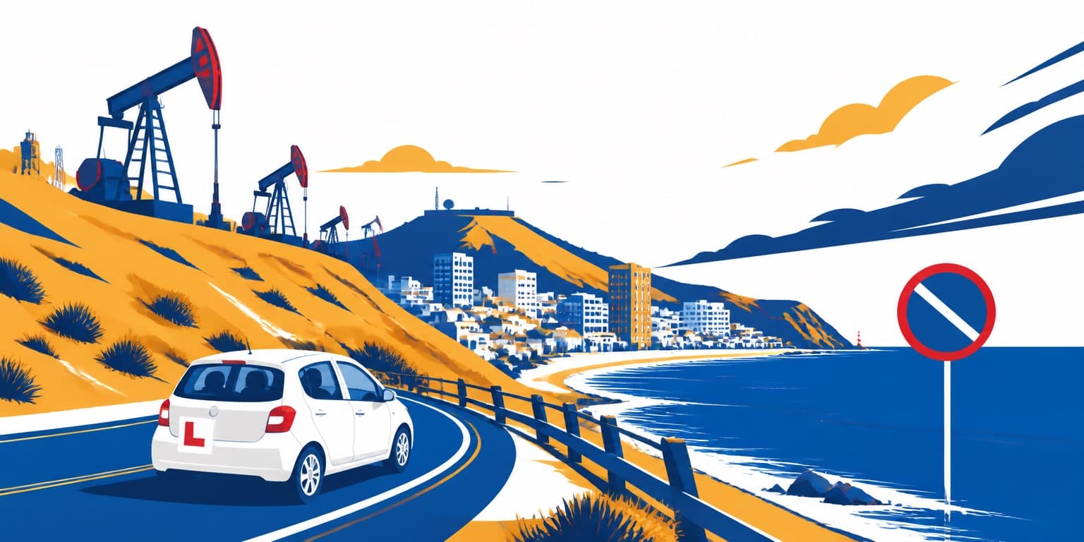 Ilustración de Comodoro Rivadavia con un auto de autoescuela