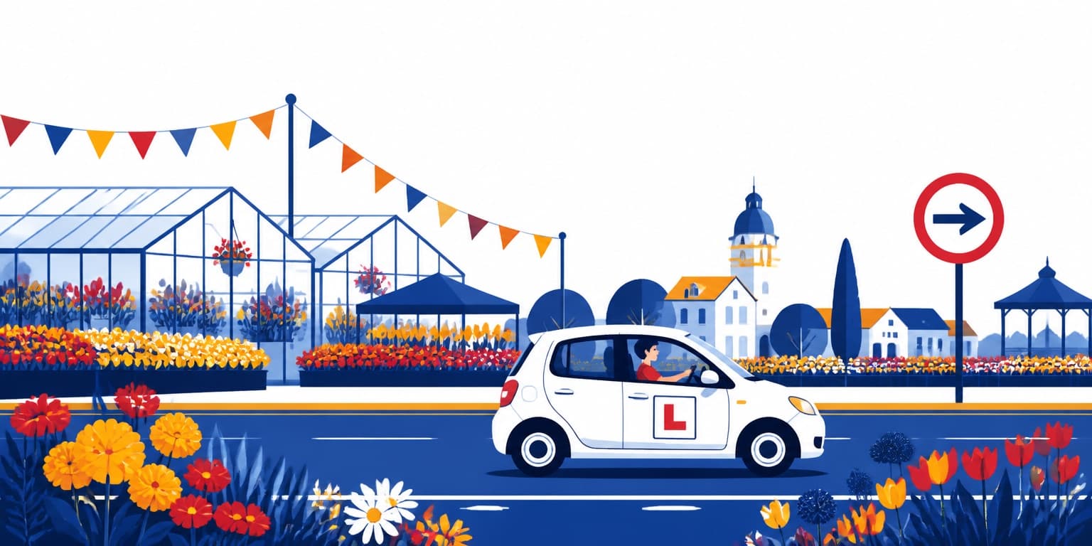 Ilustración de Ensenada con un auto de autoescuela