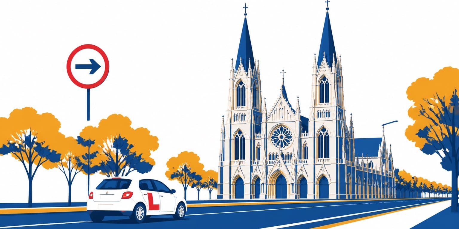 Ilustración de La Plata con un auto de autoescuela