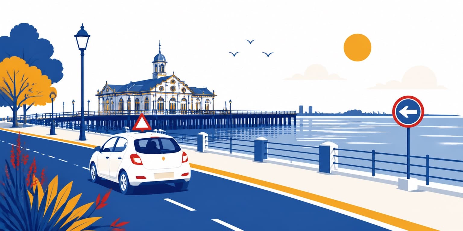 Ilustración de Luján con un auto de autoescuela