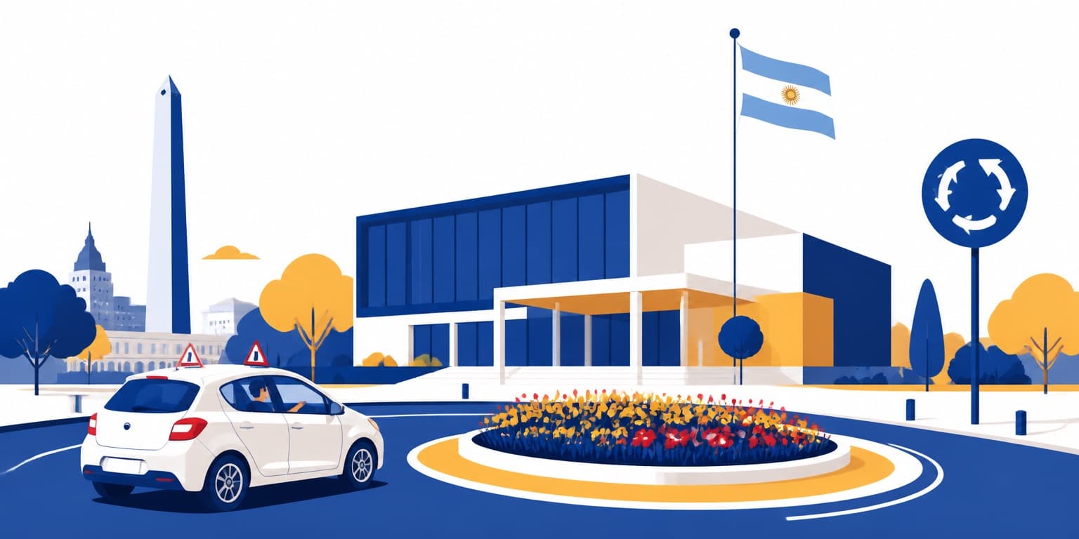 Ilustración de Malvinas Argentinas con un auto de autoescuela