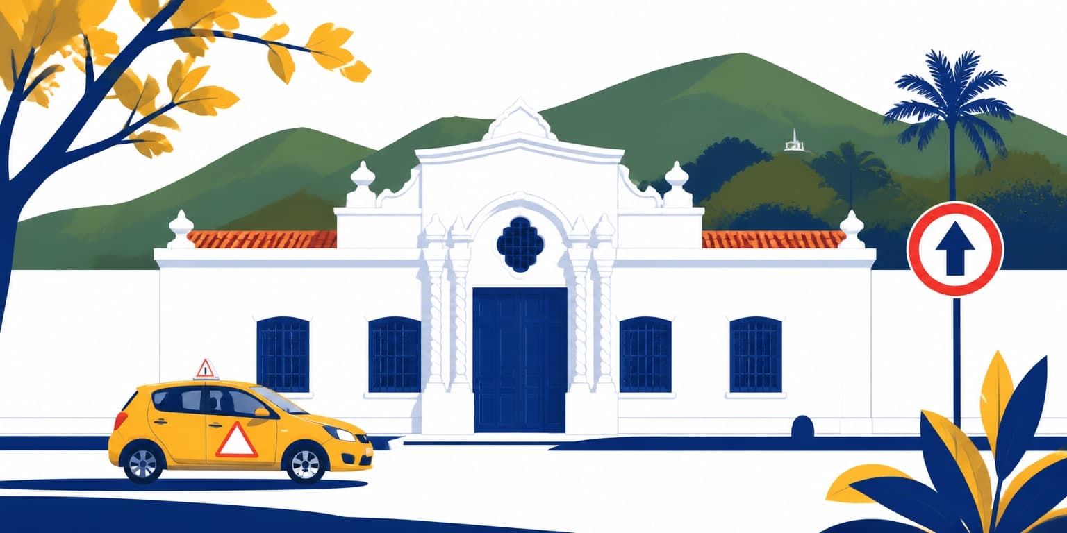 Ilustración de San Miguel de Tucumán con un auto de autoescuela