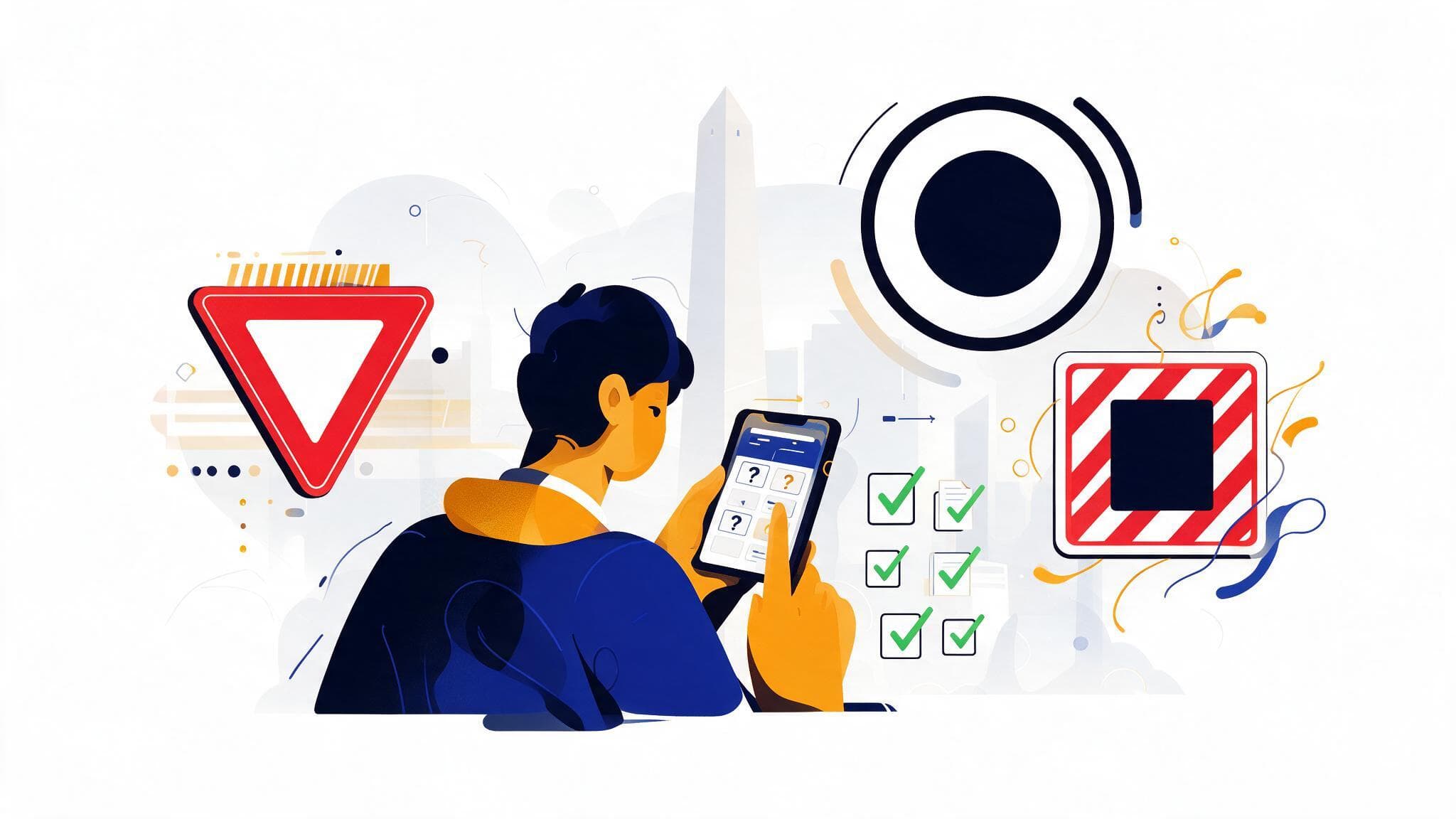 Una persona practica el examen teórico de conducir en el celular, rodeada de señales de tránsito argentinas
